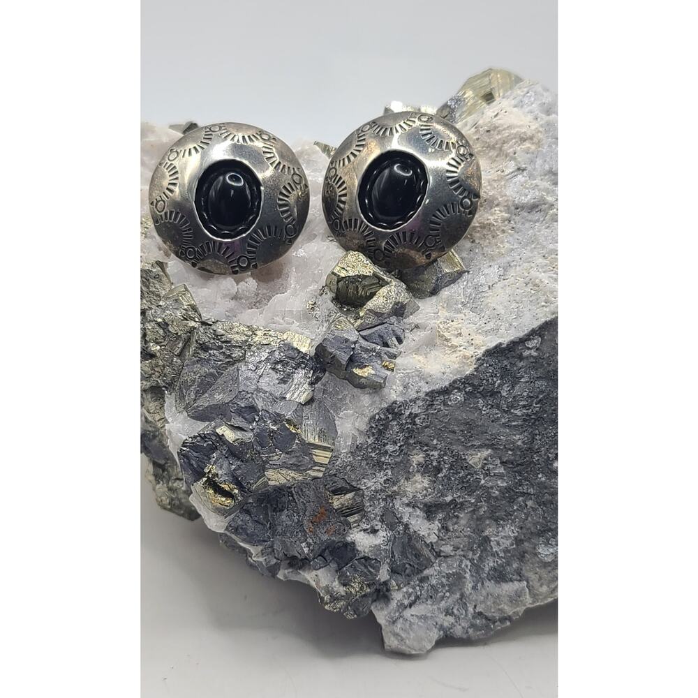 Shadowbox Sterling Silver Onyx Stud Earrings Southwest Vintage